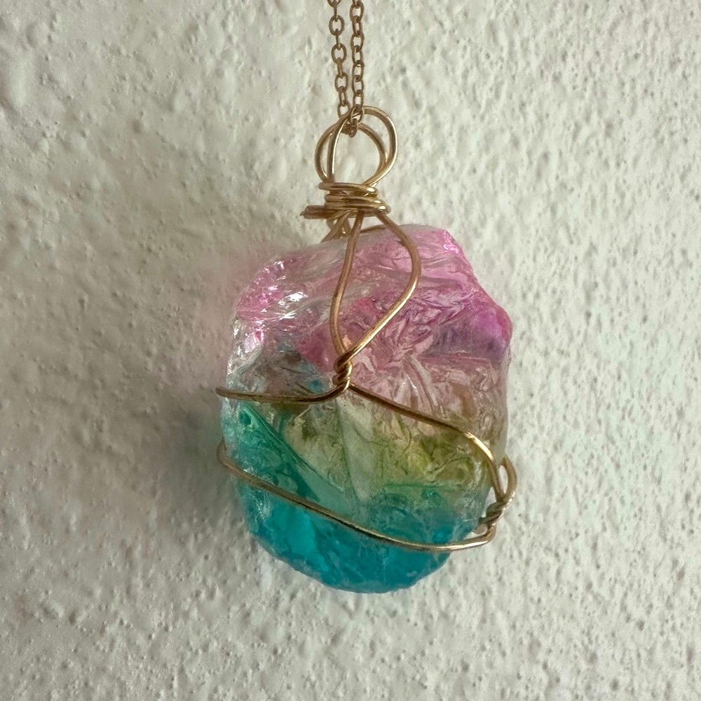 Handcrafted Pink and Blue Wire-Wrapped Pendant